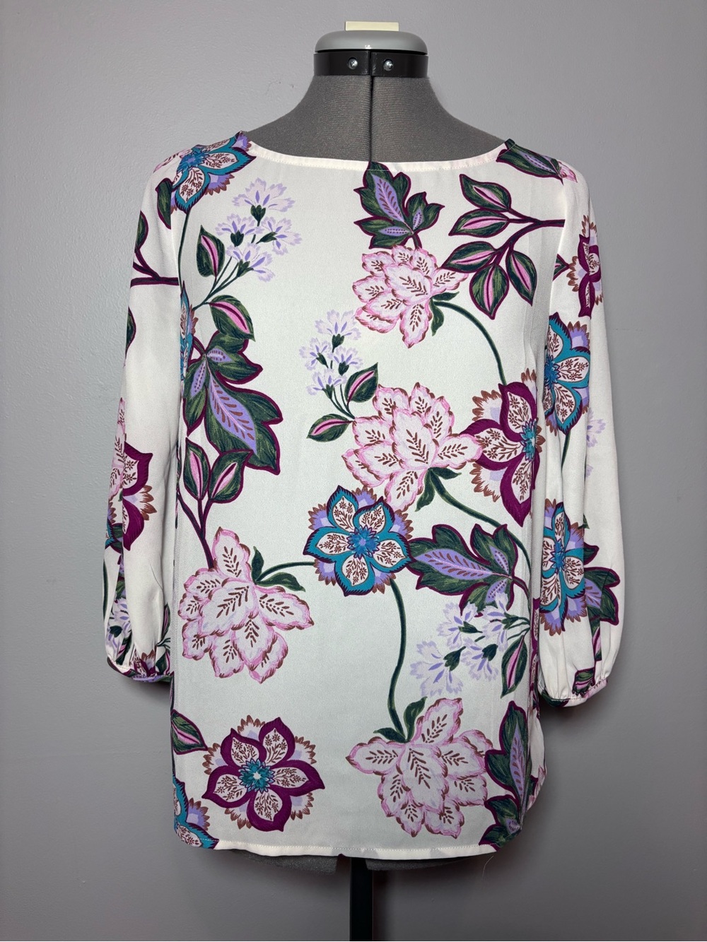 Talbots White Floral Boatneck Tunic with Pink, Purple & Teal Accents - P